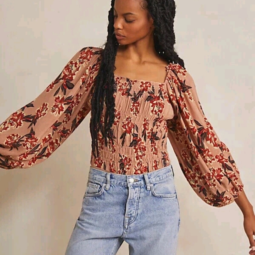 Free People Wild Daze Floral Billowy Sleeves Bodysuit Boho XS